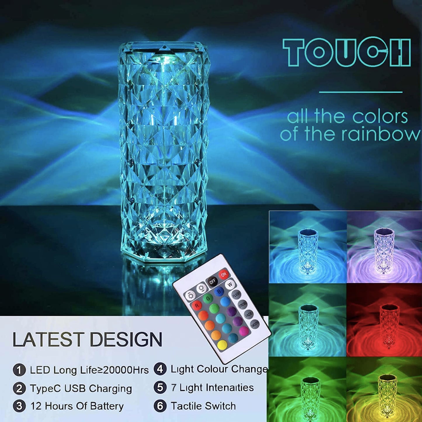 Crystal Table Lamp with Touch & Remote Control, 16-Color RGB Rose Diamond LED Night Light, Rechargeable USB Lamp for Bedroom, Party, and Decoration