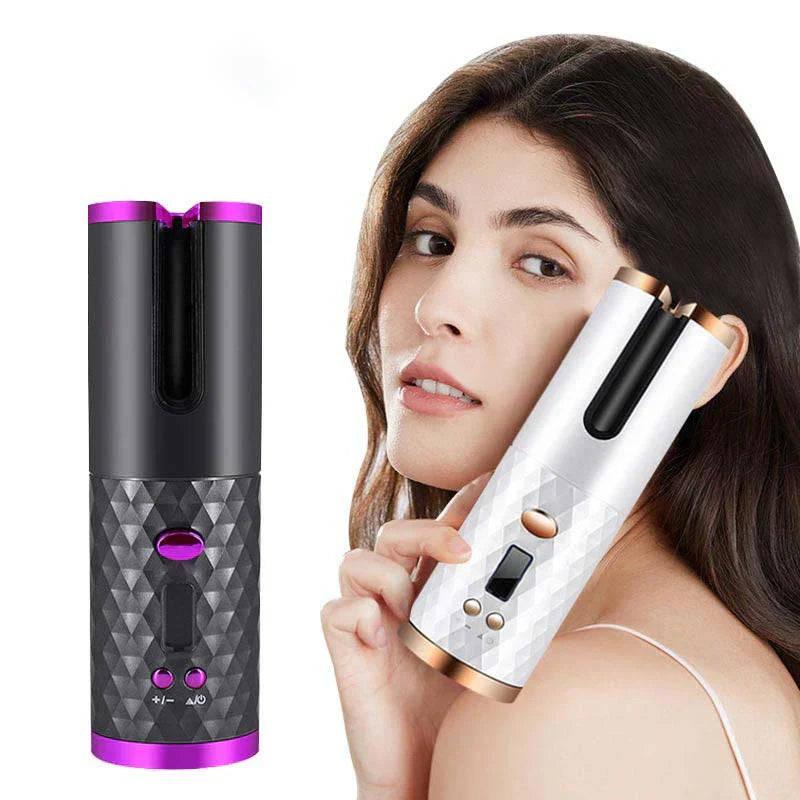 Automatic Cordless Hair Curler, USB Rechargeable Rotating Ceramic Curling Iron with 6 Temperature & Timer Settings, Portable Hair Styling Wand with Digital Display