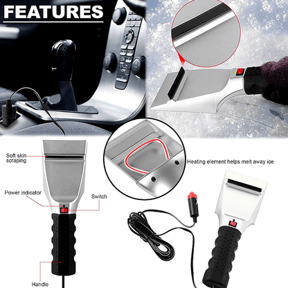 12V Electric Heated Ice Scraper for Windshield, Auto Snow Removal Tool with Rearview Mirror Covers, Defrost and Clean Snow for Cars, Trucks, and SUVs