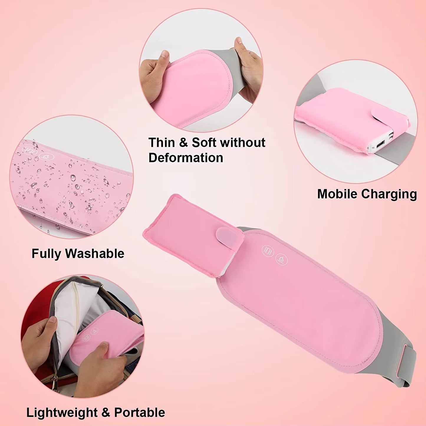 Portable Menstrual Heating Pad, Electric Heat & Vibration Massage Belt with 3 Heat Levels and 3 Massage Modes for Period Pain Relief, Back & Belly Cramp Relief (Battery Power Bank Not Included)